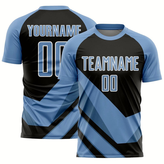 Goofygearprints Light Blue Black White Arrow Shapes Sublimation Soccer Uniform Jersey, Custom Team Soccer Jersey Shirt