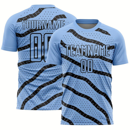 Goofygearprints Light Blue Black Lines And Dots Sublimation Soccer Uniform Jersey, Custom Team Soccer Jersey Shirt