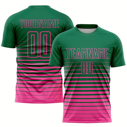 Goofygearprints Kelly Green Pink Pinstripe Fade Fashion Sublimation Soccer Uniform Jersey, Custom Team Soccer Jersey Shirt