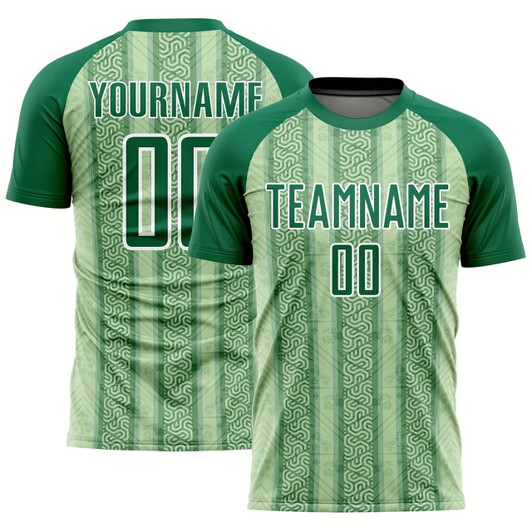 Goofygearprints Kelly Green Pea Green White Ethnic Stripes Sublimation Soccer Uniform Jersey, Custom Team Soccer Jersey Shirt
