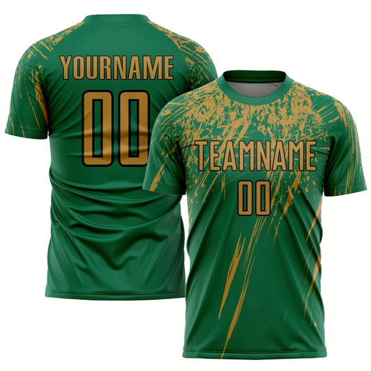 Goofygearprints Kelly Green Old Gold Black Sublimation Soccer Uniform Jersey, Custom Team Soccer Jersey Shirt
