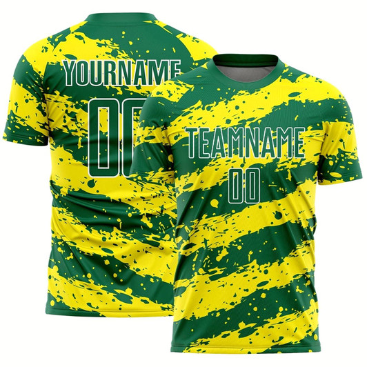 Goofygearprints Kelly Green Light Yellow White Splash Sublimation Soccer Uniform Jersey, Custom Team Soccer Jersey Shirt