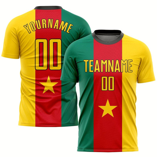 Goofygearprints Kelly Green Gold Red Black Sublimation Cameroonian Flag Soccer Uniform Jersey, Custom Team Soccer Jersey Shirt