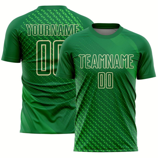 Goofygearprints Kelly Green City Cream Geometric Shapes Sublimation Soccer Uniform Jersey, Custom Team Soccer Jersey Shirt