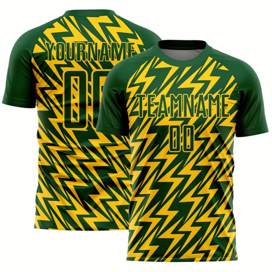 Goofygearprints Green Yellow Lightning Sublimation Soccer Uniform Jersey, Custom Team Soccer Jersey Shirt
