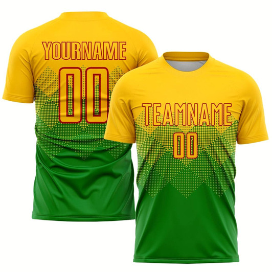 Goofygearprints Grass Green Gold Red Sublimation Soccer Uniform Jersey, Custom Team Soccer Jersey Shirt