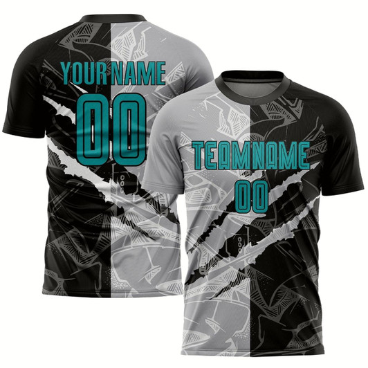 Goofygearprints Graffiti Pattern Teal Black Gray Scratch Sublimation Soccer Uniform Jersey, Custom Team Soccer Jersey Shirt