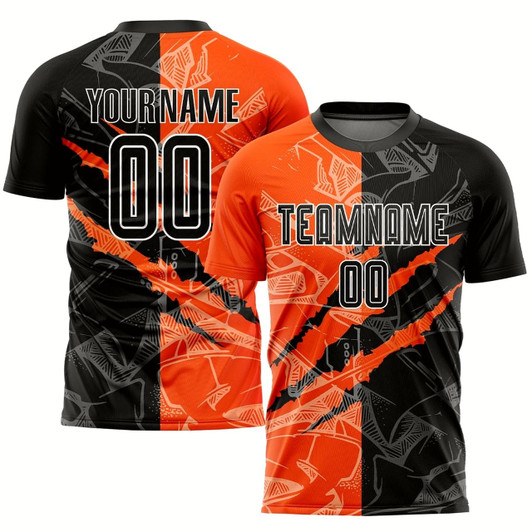 Goofygearprints Graffiti Pattern Black Orange Scratch Sublimation Soccer Uniform Jersey, Custom Team Soccer Jersey Shirt