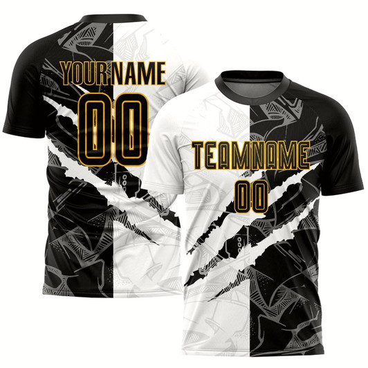 Goofygearprints Graffiti Pattern Black Gold Scratch Sublimation Soccer Uniform Jersey, Custom Team Soccer Jersey Shirt
