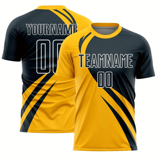 Goofygearprints Gold Navy White Curve Lines Sublimation Soccer Uniform Jersey, Custom Team Soccer Jersey Shirt