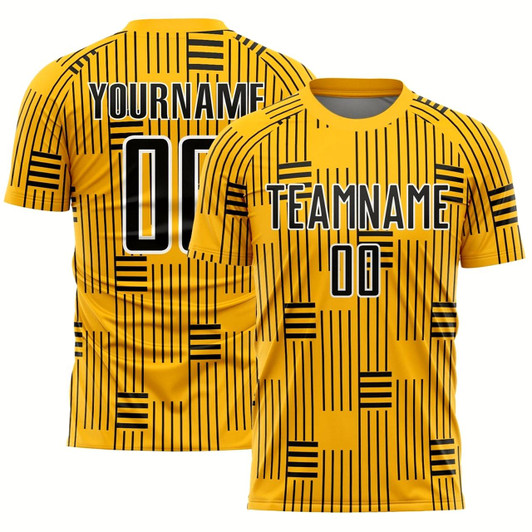 Goofygearprints Gold Black White Lines Sublimation Soccer Uniform Jersey, Custom Team Soccer Jersey Shirt