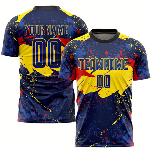 Goofygearprints Figure Royal Gold Sublimation Soccer Uniform Jersey, Custom Team Soccer Jersey Shirt