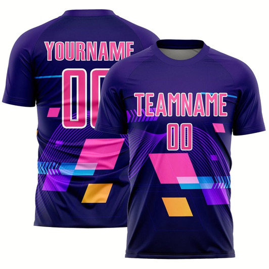 Goofygearprints Dark Purple Pink White Geometric Shapes Sublimation Soccer Uniform Jersey, Custom Team Soccer Jersey Shirt