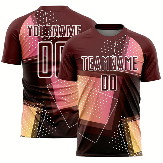 Goofygearprints Crimson White Geometric Shapes Sublimation Soccer Uniform Jersey, Custom Team Soccer Jersey Shirt