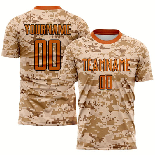 Goofygearprints Camo Texas Orange Brown Sublimation Salute To Service Soccer Uniform Jersey, Custom Team Soccer Jersey Shirt