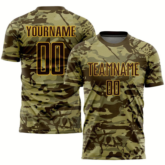 Goofygearprints Camo Brown Gold Sublimation Salute To Service Soccer Uniform Jersey, Custom Team Soccer Jersey Shirt