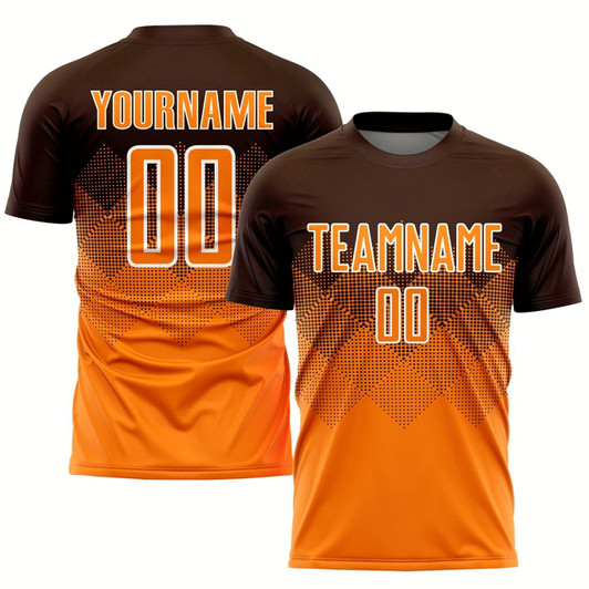 Goofygearprints Brown Bay Orange White Sublimation Soccer Uniform Jersey, Custom Team Soccer Jersey Shirt