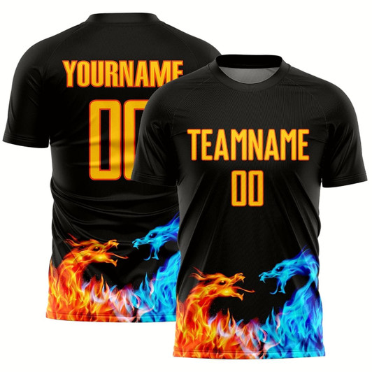 Goofygearprints Black Yellow Orange Dragon Flame Sublimation Soccer Uniform Jersey, Custom Team Soccer Jersey Shirt