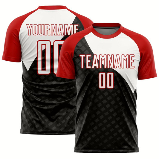 Goofygearprints Black White Red Curve Lines Sublimation Soccer Uniform Jersey, Custom Team Soccer Jersey Shirt