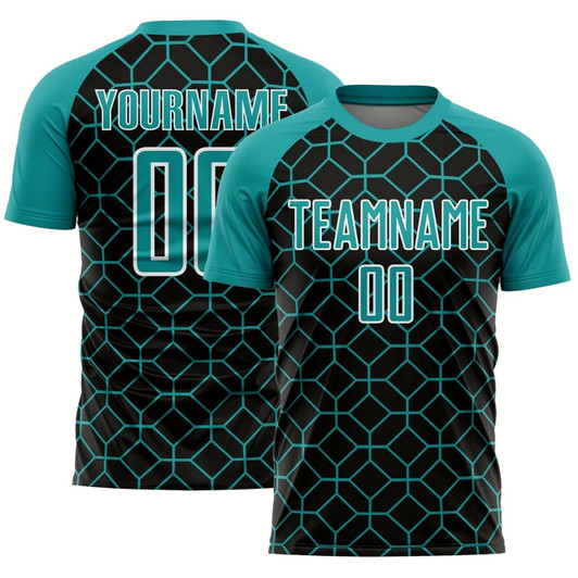 Goofygearprints Black Teal White Geometric Shapes Sublimation Soccer Uniform Jersey, Custom Team Soccer Jersey Shirt