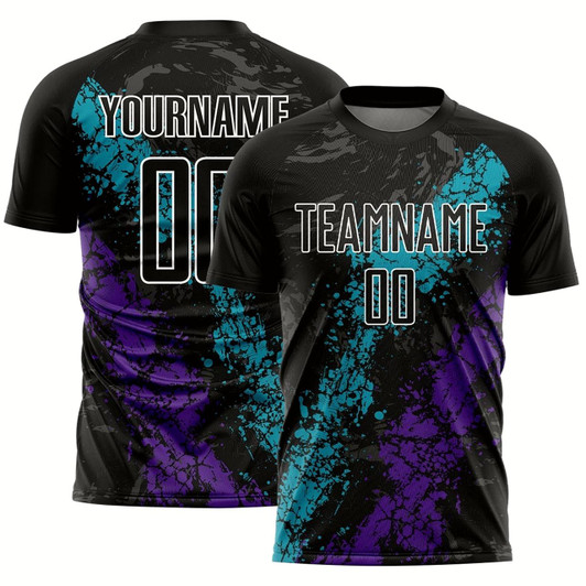 Goofygearprints Black Teal Purple Dripping Splatter Art Sublimation Soccer Uniform Jersey, Custom Team Soccer Jersey Shirt