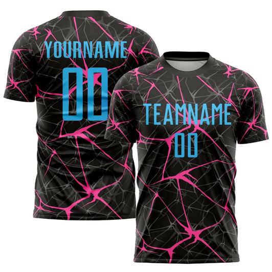 Goofygearprints Black Sky Blue Pink Sublimation Soccer Uniform Jersey, Custom Team Soccer Jersey Shirt