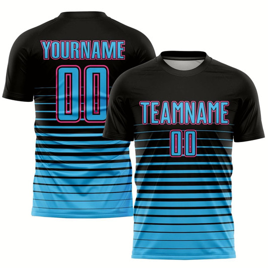 Goofygearprints Black Sky Blue Pink Pinstripe Fade Fashion Sublimation Soccer Uniform Jersey, Custom Team Soccer Jersey Shirt