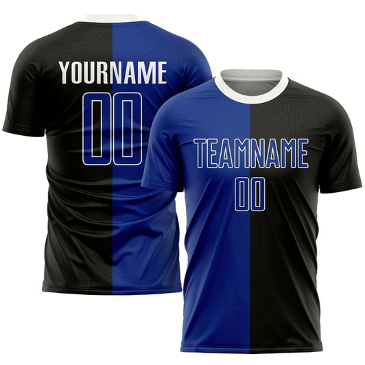Goofygearprints Black Royal White Sublimation Split Fashion Soccer Uniform Jersey, Custom Team Soccer Jersey Shirt