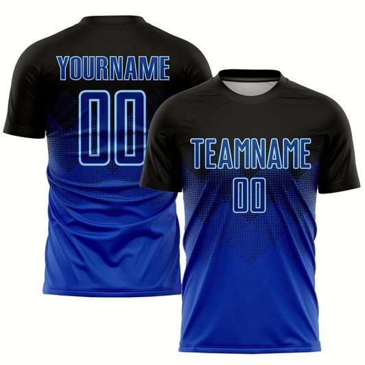Goofygearprints Black Royal Light Blue Sublimation Soccer Uniform Jersey, Custom Team Soccer Jersey Shirt
