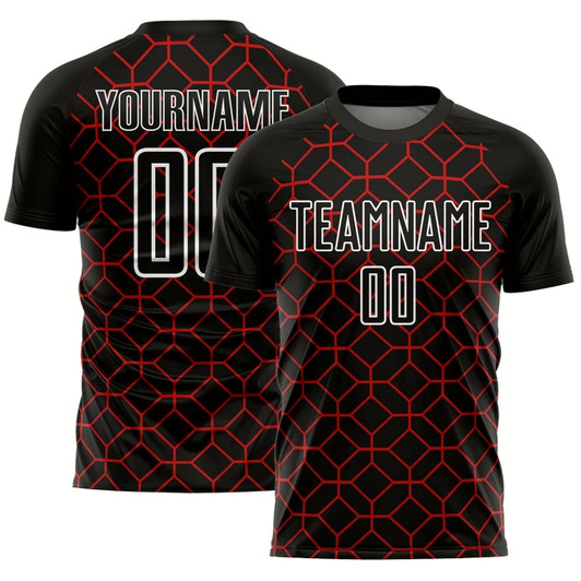 Goofygearprints Black Red White Geometric Shapes Sublimation Soccer Uniform Jersey, Custom Team Soccer Jersey Shirt