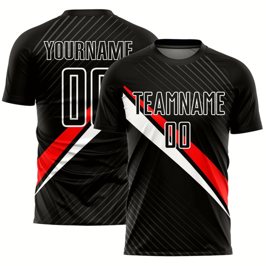 Goofygearprints Black Red White Diagonal Lines Sublimation Soccer Uniform Jersey, Custom Team Soccer Jersey Shirt