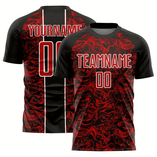 Goofygearprints Black Red White Abstract Fluid Sublimation Soccer Uniform Jersey, Custom Team Soccer Jersey Shirt