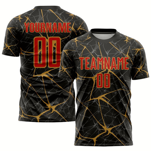Goofygearprints Black Red Old Gold Sublimation Soccer Uniform Jersey, Custom Team Soccer Jersey Shirt