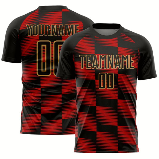 Goofygearprints Black Red Old Gold Lines Sublimation Soccer Uniform Jersey, Custom Team Soccer Jersey Shirt