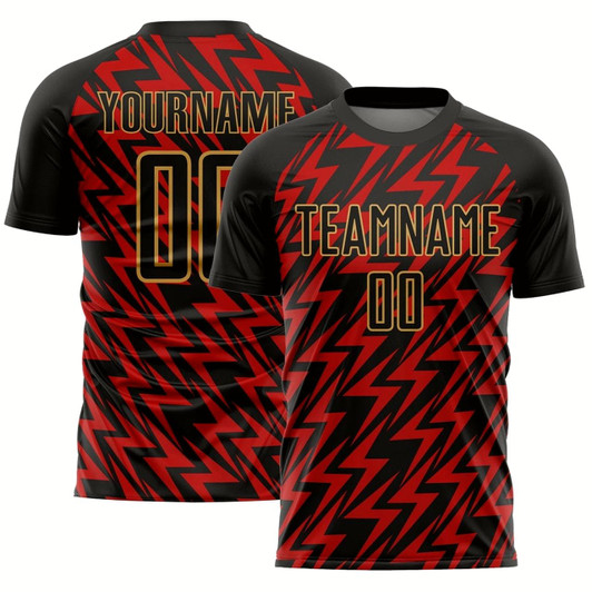 Goofygearprints Black Red Old Gold Lightning Sublimation Soccer Uniform Jersey, Custom Team Soccer Jersey Shirt