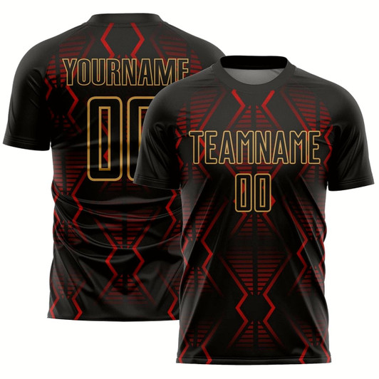 Goofygearprints Black Red Old Gold Geometric Shapes Sublimation Soccer Uniform Jersey, Custom Team Soccer Jersey Shirt