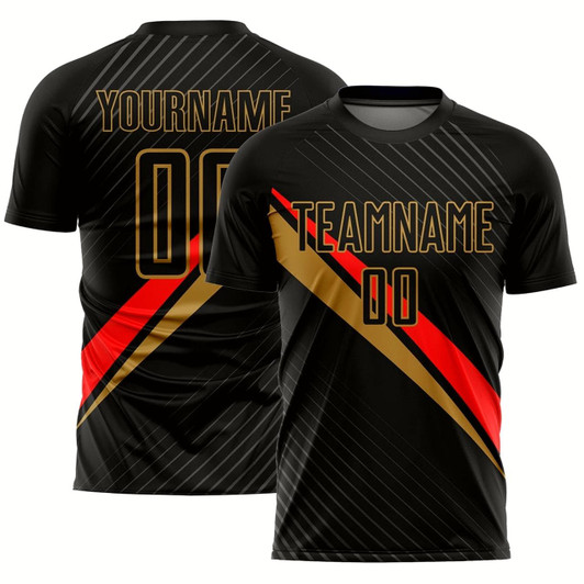 Goofygearprints Black Red Old Gold Diagonal Lines Sublimation Soccer Uniform Jersey, Custom Team Soccer Jersey Shirt