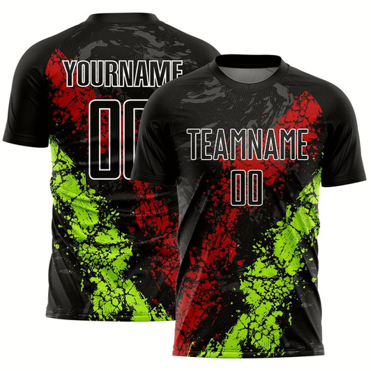 Goofygearprints Black Red Neon Green Dripping Splatter Art Sublimation Soccer Uniform Jersey, Custom Team Soccer Jersey Shirt