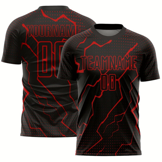 Goofygearprints Black Red Lightning Sublimation Soccer Uniform Jersey, Custom Team Soccer Jersey Shirt