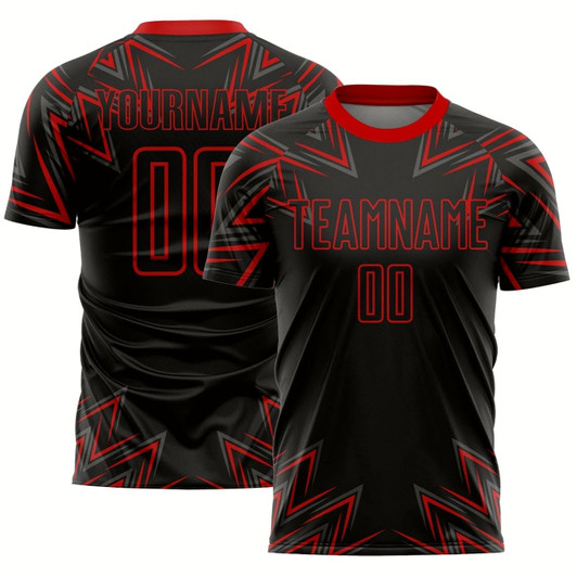 Goofygearprints Black Red Geometric Shapes Sublimation Soccer Uniform Jersey, Custom Team Soccer Jersey Shirt