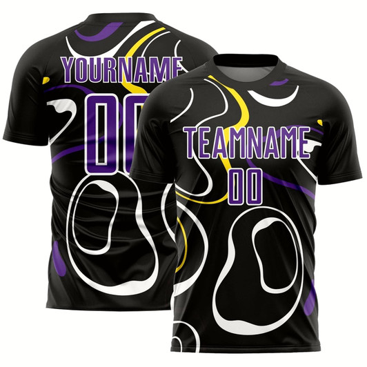 Goofygearprints Black Purple White Fluid Shapes Sublimation Soccer Uniform Jersey, Custom Team Soccer Jersey Shirt