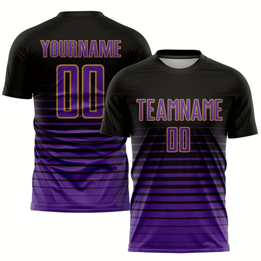 Goofygearprints Black Purple Old Gold Pinstripe Fade Fashion Sublimation Soccer Uniform Jersey, Custom Team Soccer Jersey Shirt
