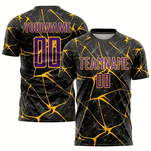 Goofygearprints Black Purple Gold Sublimation Soccer Uniform Jersey, Custom Team Soccer Jersey Shirt