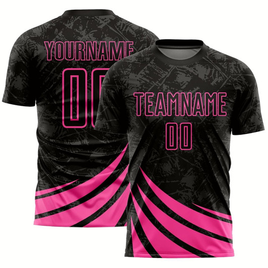 Goofygearprints Black Pink Wind Shapes Sublimation Soccer Uniform Jersey, Custom Team Soccer Jersey Shirt