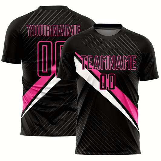 Goofygearprints Black Pink White Diagonal Lines Sublimation Soccer Uniform Jersey, Custom Team Soccer Jersey Shirt
