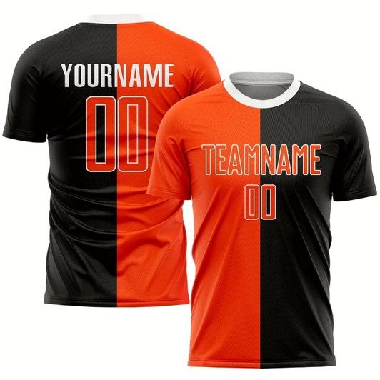 Goofygearprints Black Orange White Sublimation Split Fashion Soccer Uniform Jersey, Custom Team Soccer Jersey Shirt
