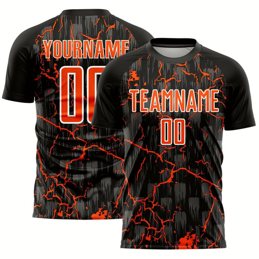 Goofygearprints Black Orange White Pink Lightning Sublimation Soccer Uniform Jersey, Custom Team Soccer Jersey Shirt