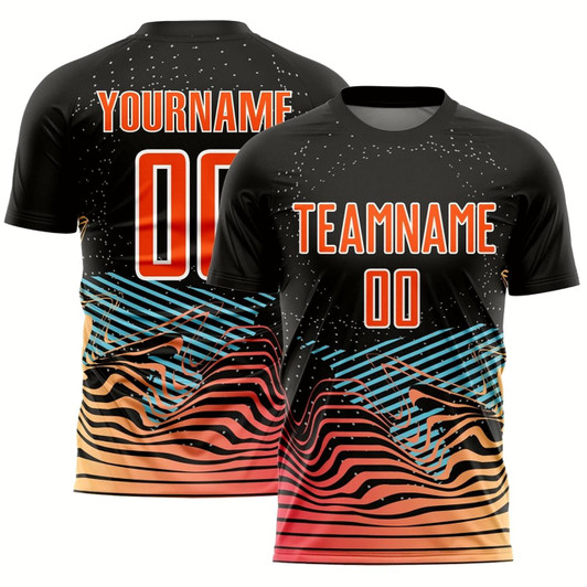 Goofygearprints Black Orange White Lines Sublimation Soccer Uniform Jersey, Custom Team Soccer Jersey Shirt