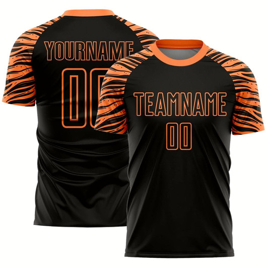 Goofygearprints Black Orange Tiger Stripes Sublimation Soccer Uniform Jersey, Custom Team Soccer Jersey Shirt
