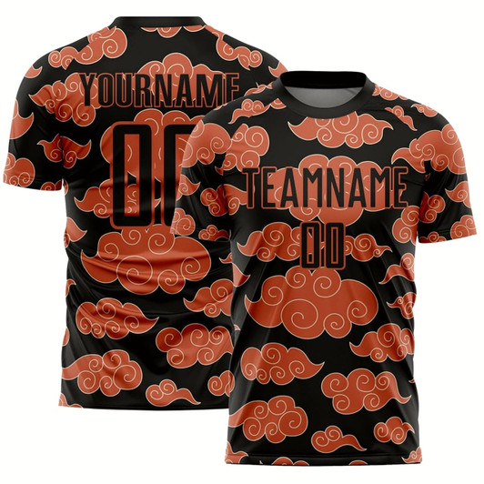 Goofygearprints Black Orange Cloud Pattern Sublimation Soccer Uniform Jersey, Custom Team Soccer Jersey Shirt